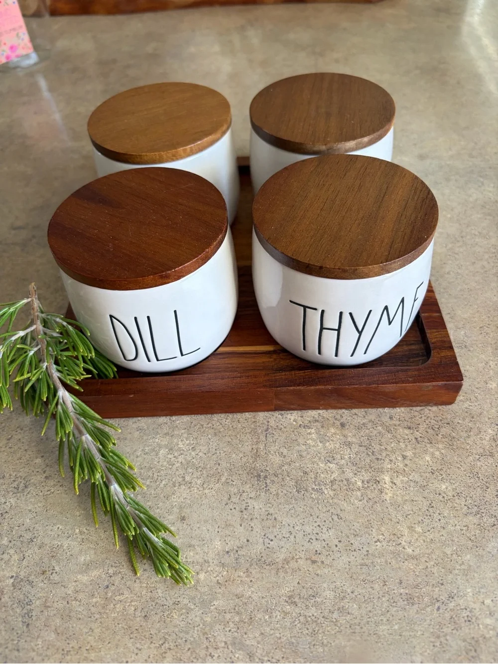 Rae Dunn White Ceramic Herb Jars with Wood Lids and Wooden Tray